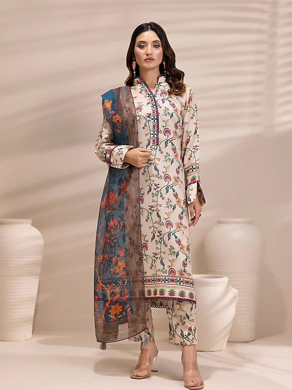 1 & Get 1 Free - 3PC Unstitched Printed Lawn Silk Suit DOS156
