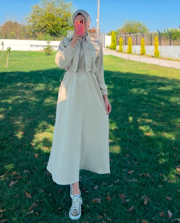 2 Pcs Winter Outfit Long Frock With Upper Fleece Jacket