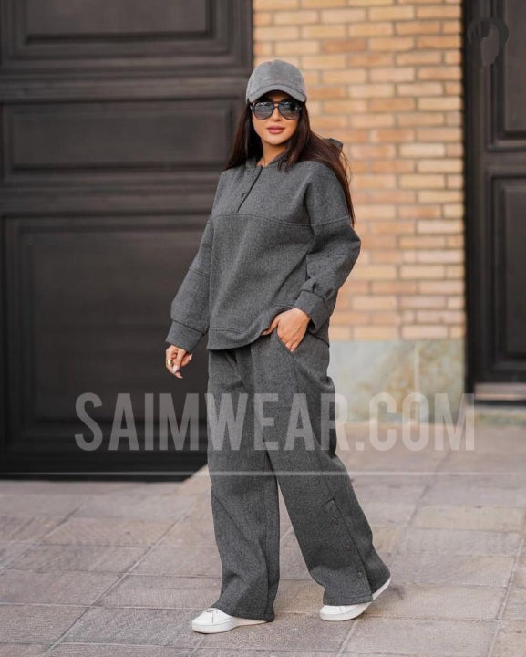 2 Pcs Button Fashion Hooded Winter Tracksuit SW 00106