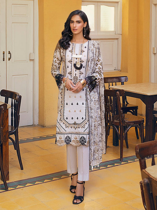 1 & Get 1 Free - Snow White  - Unstitched 3pc Digital Printed Embroidered Lawn with Chiffon Dupatta - Faustina DOS211