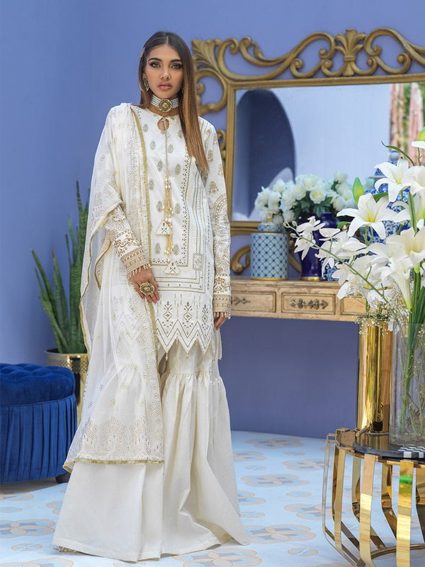 1 & Get 1 Free - Unstitched 3pc - Embroidered Lawn Suit With Mukesh Chiffon Dupatta - Oznur Vol.2 DOS304