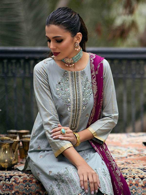1 & Get 1 Free - Unstitched 3pc - Heavy Embroidered Shirt Front with Lawn Printed Back & Sleeves With Mukesh Chiffon Dupatta & Dyed Cambric Trouser- Oznur Mukesh DOS305