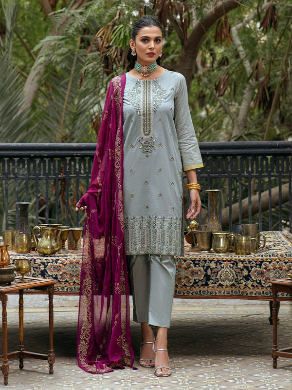 1 & Get 1 Free - Unstitched 3pc - Heavy Embroidered Shirt Front with Lawn Printed Back & Sleeves With Mukesh Chiffon Dupatta & Dyed Cambric Trouser- Oznur Mukesh DOS305