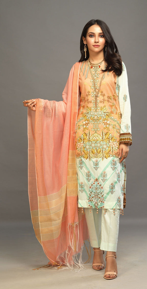1 & Get 1 Free - Unstitched 3pc Printed Embroidered Lawn Shirt with Woven Khaddi Dupatta - Shades DOS311